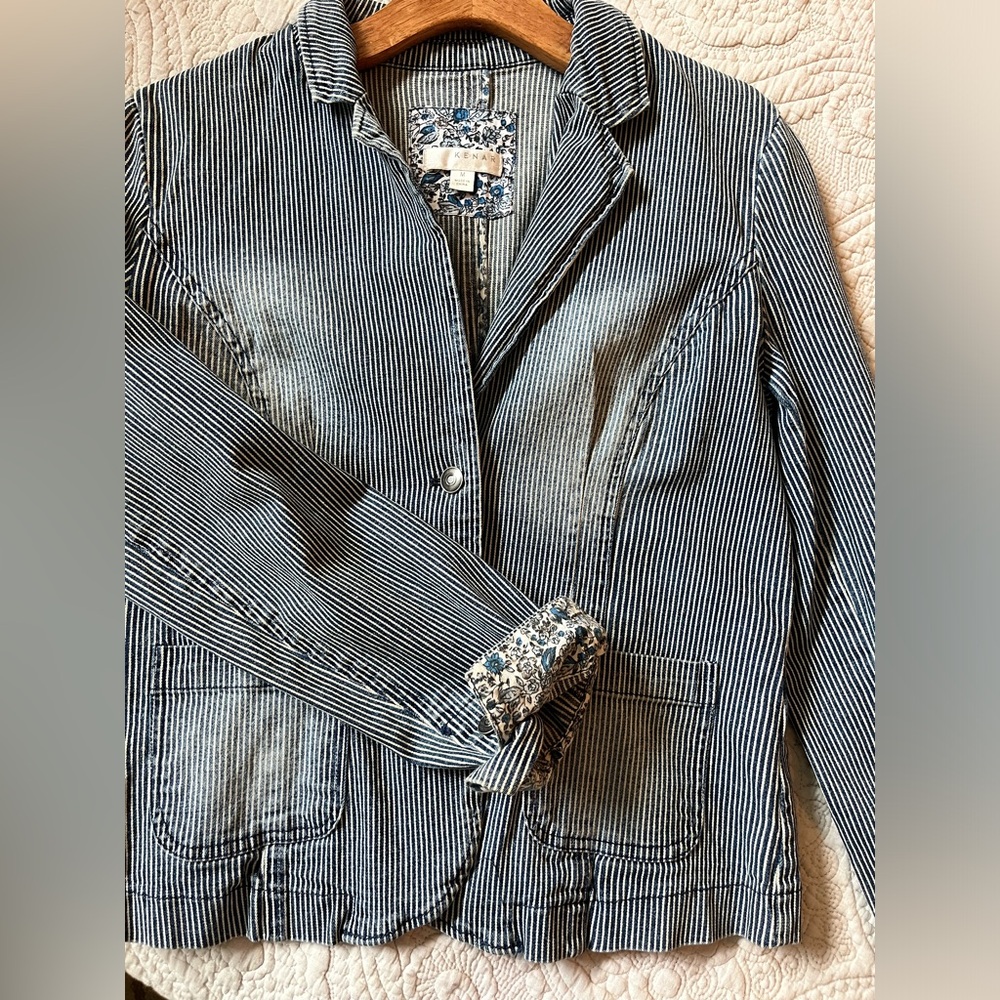 Kenar lightweight pinstriped denim jacket.